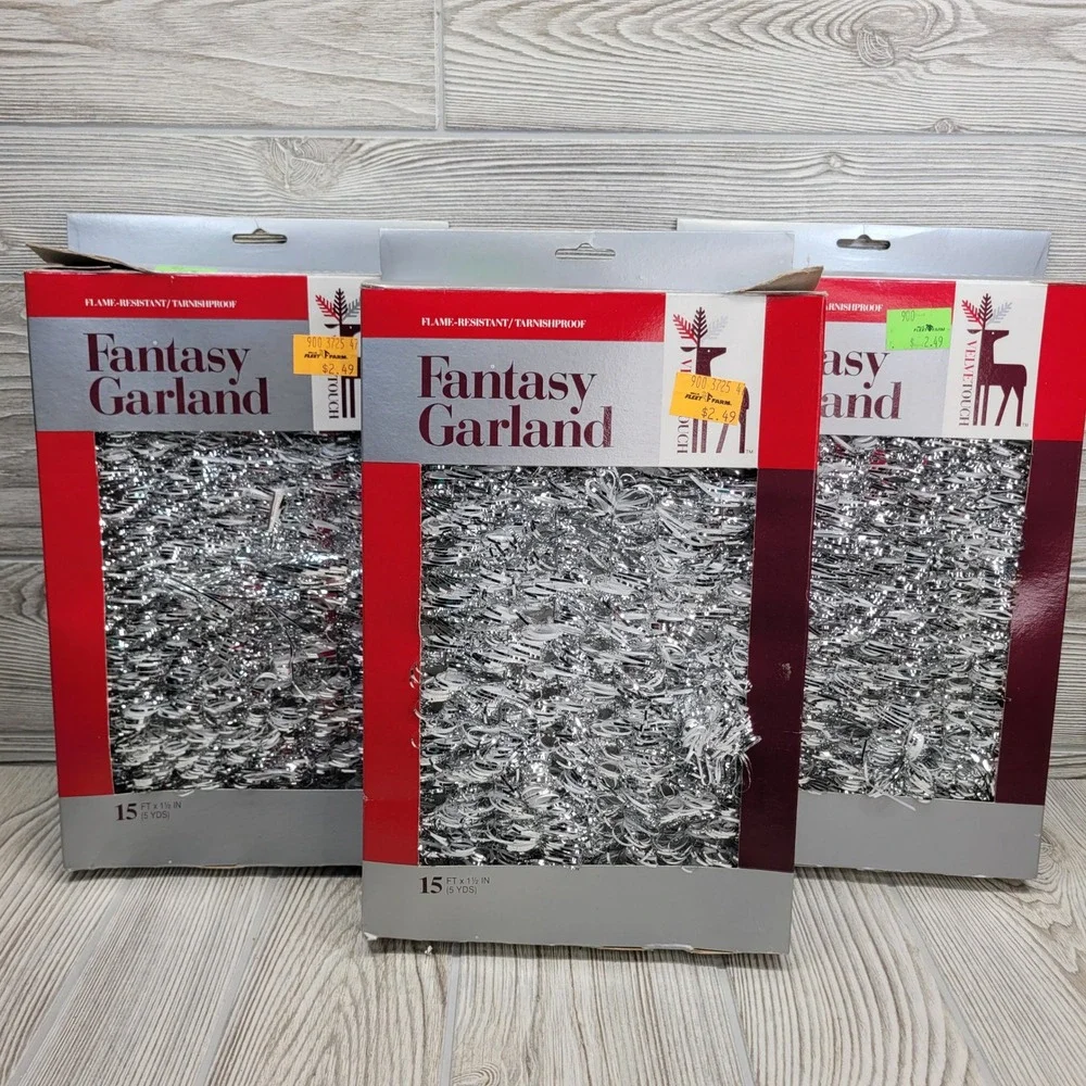 3 Boxes Fantasy Garland Silver Tinsel Flame Resistant Christmas Tree Holiday Vtg